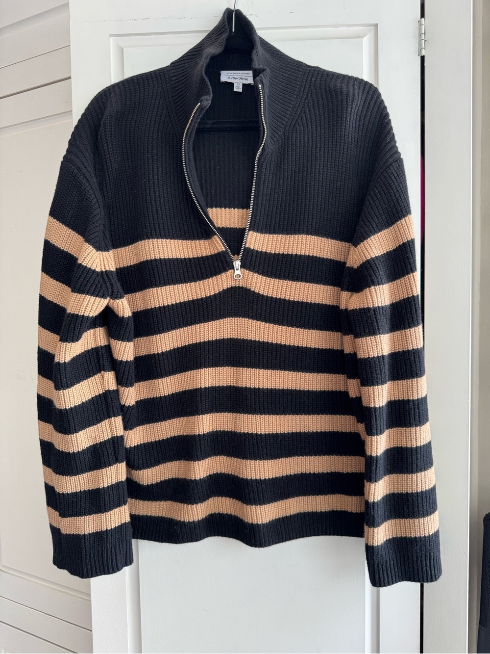 & Other Stories Black and Beige Striped Half-Zip Turtleneck Sweater